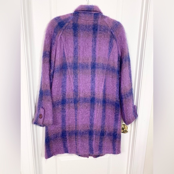 Vintage Donegal Ireland Handwoven Pure New Wool Mohair Plaid Scarf Coat Purple L - Picture 3 of 10